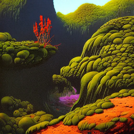 Image similar to painting of a lush natural scene on an alien planet by michael whelan. beautiful landscape. weird vegetation. cliffs and water.