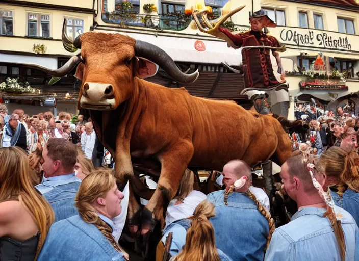 Prompt: oktoberfest barmaid riding a longhorn bull with mugs of beer on its horns at oktoberfest festival in gerrmany