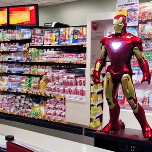Image similar to Iron Man working as a 7/11 cashier using a red laser scanner, cash register, red laser scanner, wide wide shot, very detailed, beautiful lighting, red laser, fire, smoke