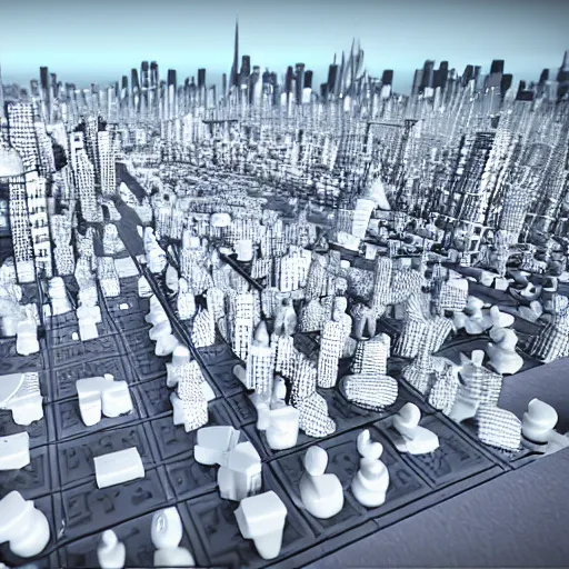 Image similar to A bird's-eye view of the city made of white chess pawns, unreal engine