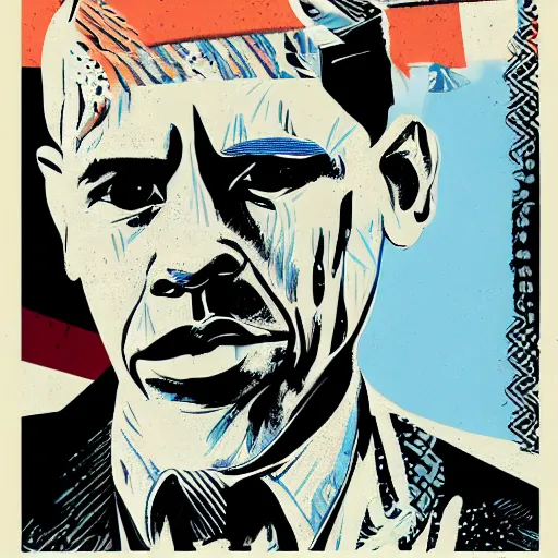 Image similar to Obama, graphic illustration by Jamie Hewlett, bold colors