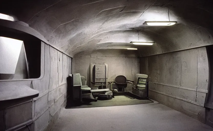 Image similar to Interior shot of a secret bunker by stanley kubrick, shot by 35mm film color photography