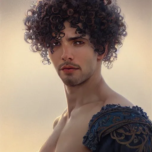 Image similar to beautiful, strong, mixed race, white hair, curly hair, small beard, male, face, head shot, fantasy, highly detailed, digital painting, artstation, concept art, smooth, sharp focus, illustration, art by artgerm and greg rutkowski and alphonse mucha