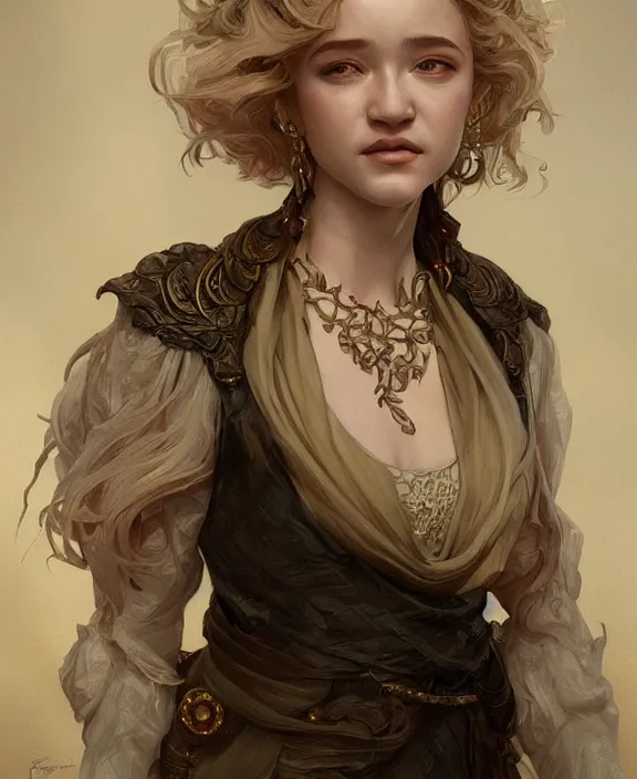 Prompt: portrait of julia garner, half body, d & d, fantasy, intricate, elegant, highly detailed, digital painting, artstation, concept art, art by artgerm and greg rutkowski and alphonse mucha, boris vallejo