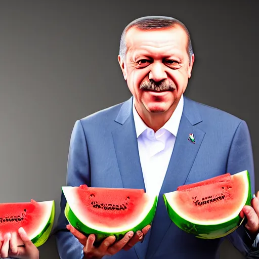 Image similar to recep tayyip erdogan smiling holding watermelon, studio photograph, hd, studio