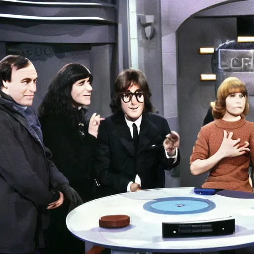 Image similar to on the full color tv set of ed sullivan, john lennon is guest starring as the host, 7 0 s color grade