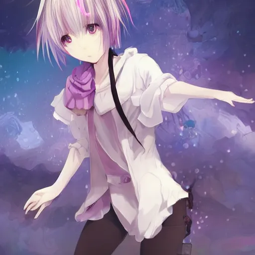 Image similar to advanced full body digital anime art::cute short anime girl + dog hybrid, short white hair, purple watery eyes, full round face :: cinematic lighting, rim lighting, very highly intricately detailed, trending on pixiv :: WLOP, RossDraws, RuanJia, James Jean, Andrei Riabovitchev, Totorrl, Marc Simonetti, Visual Key, and Sakimichan