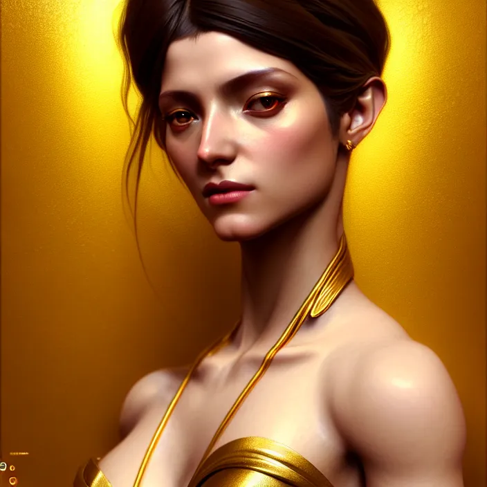 Prompt: beautiful digital painting of a goddes stylish female with high detail, real life skin, gold colors, 8 k, stunning detail, works by artgerm, greg rutkowski and alphonse mucha, unreal engine 5, 4 k uhd