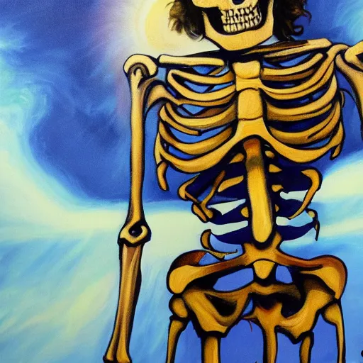 Prompt: a detailed painting of Jesus Christ skeleton standing with a background of apocalypse on earth