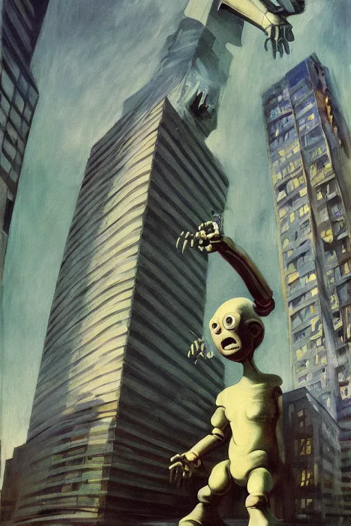 Prompt: evil human giant baby with a robot arm in a diaper is taller than office buildings, goes destroying buildings under his feet, hauntingly surreal, highly detailed painting by francis bacon, edward hopper, adrian ghenie, gerhard richter, and james jean soft light 4 k,