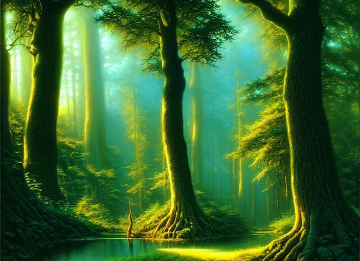 Prompt: a forest, by Ted Nasmith, by Tim Hildebrandt, by Tim White, digital art, beautiful composition, trending on artstation, masterpiece