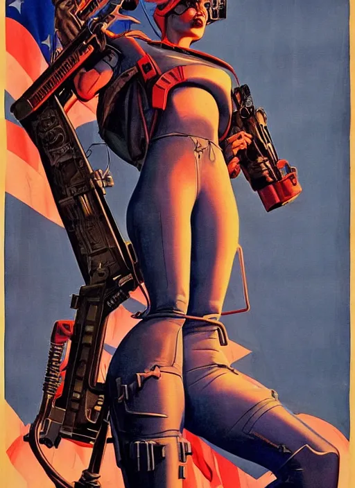 Prompt: american propaganda poster. cyberpunk assassin. portrait by jean giraud and anton otto fischer and john philip falter and will eisner and gil elvgren. realistic proportions. character art. science fiction d & d. tf 2, overwatch.