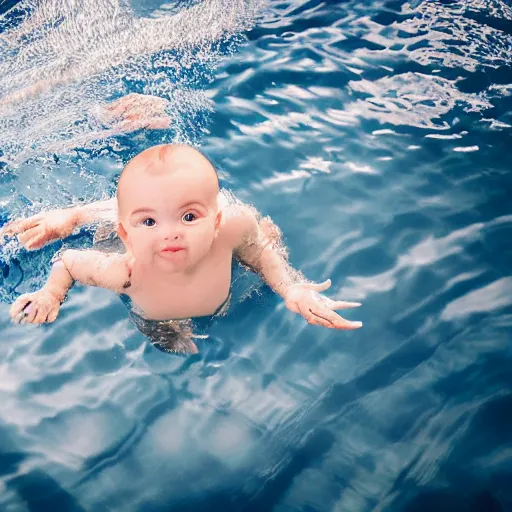 Prompt: a beautify baby swimming in a lake between the clouds, 4 k