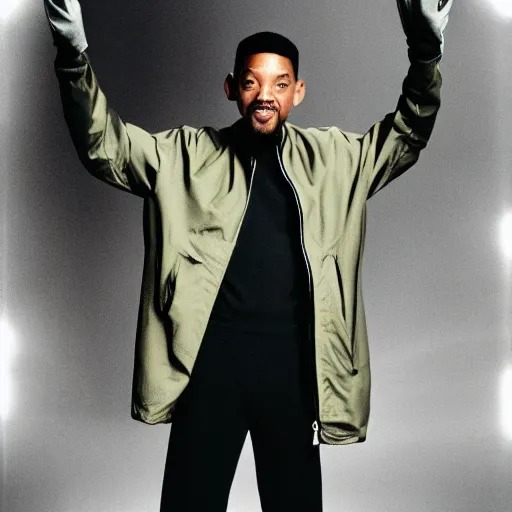 Image similar to will smith wearing running pants, a turtleneck, a zip up windbreaker, a brown coat and fingerless black gloves, photo, film grain