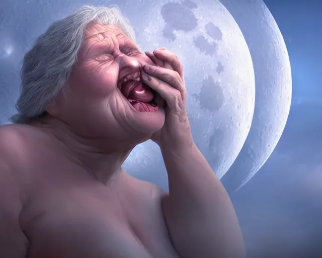 Image similar to of a very beautiful scene. ambient occlusion render. a sweet fat old woman is giving birth to the moon. hyper realistic. 4 k. wide angle. wild. symmetrical face, red mouth, blue eyes. deep focus, lovely scene. ambient occlusion render. concept art. unreal engine.