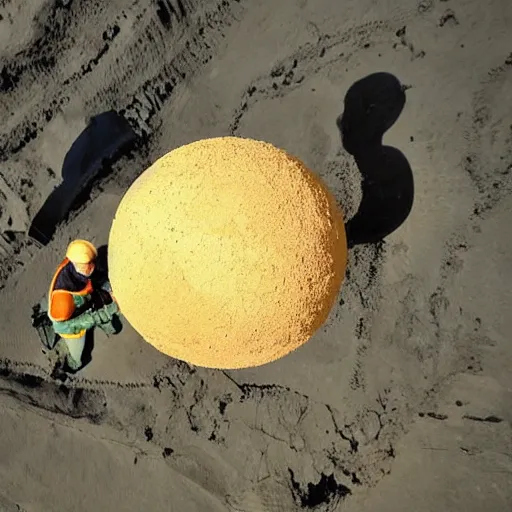 Image similar to in the distance, in the center of a large sandy quarry, a large golden ball lies in the sand, a broken excavator and a man in military uniform standing nearby, stylization is a grainy photo, high quality, depth of sharpness, emphasis and focus on the golden ball