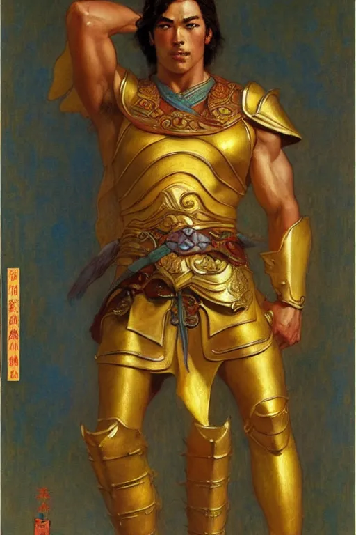 Image similar to tales of earthsea, attractive muscular male with golden armor, ming dynasty, character design, painting by gaston bussiere, craig mullins, j. c. leyendecker, tom of finland