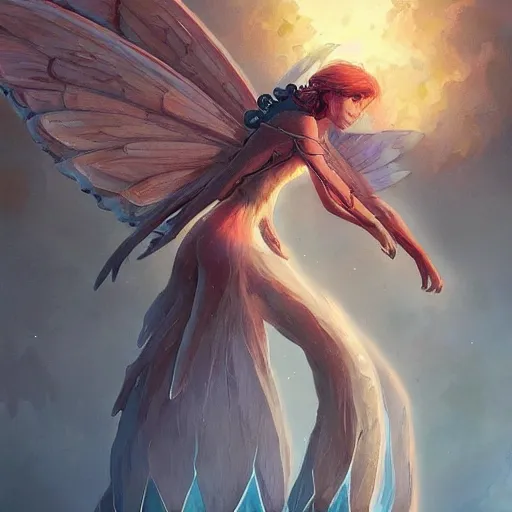 Prompt: a fairy, symmetrical wings made of pizza slices, style of by Jordan Grimmer and greg rutkowski, crisp lines and color,