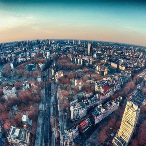 Image similar to warsaw postapocalyptic, panorama, bird's eye view