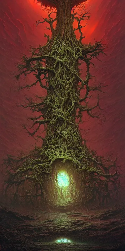 Image similar to landscape, alien tree of life, cyberpunk, sci fi, horror, monstrous, highly detailed, complex, intricate, matte painting, cinematic, by rhads and mohrbacher and zdzislaw beksinski,