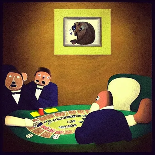 Image similar to “tardigrade and grizzly bear mobsters playing poker in a dimly lit basement poker table”