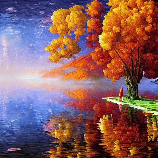 Image similar to lake photograph mansion digital art fantasy ornate depth of field nature photography by m. c. escher, leonid afremov, greg rutkowski, tim white, john howe, rob gonsalves, moebius, benoit mandelbrot