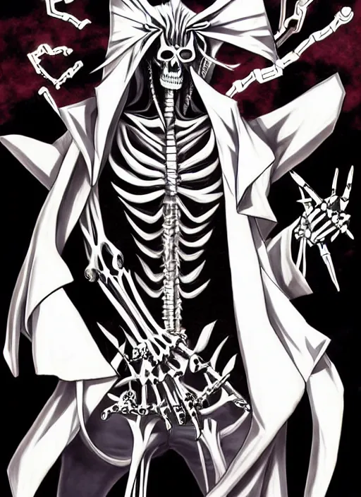 Image similar to shin megami tensei art of a demon that is a skeleton mafia gangster, art by kazuma kaneko, demonic! compedium!, digital drawing, law - alligned, white background, high quality, highly detailed