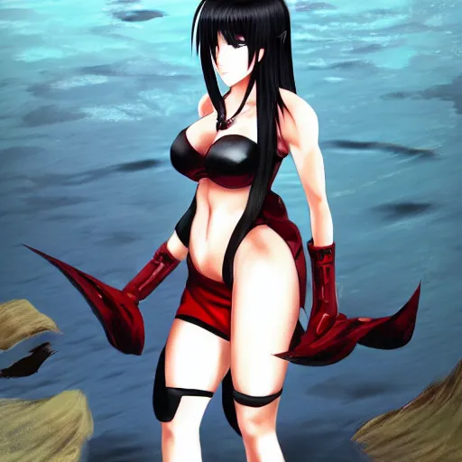 Image similar to portrait of tifa lockhart standing by a river, black and red colors, anime fantasy illustration by tomoyuki yamasaki, kyoto studio, madhouse, ufotable, trending on artstation