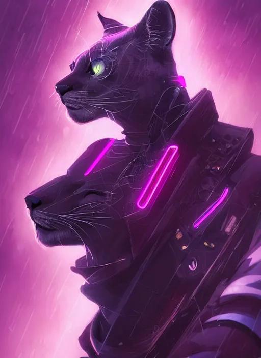 Image similar to award winning beautiful portrait commission of a male furry anthro puma fursona with a tail and a cute beautiful attractive detailed furry face wearing stylish black and pink cyberpunk clothes in a cyberpunk city at night while it rains. Character design by charlie bowater, ross tran, artgerm, and makoto shinkai, detailed, inked, western comic book art