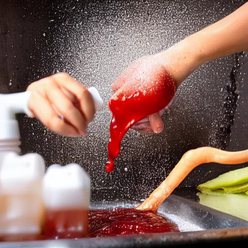 Image similar to young man vomiting ketchup into a sink 4k