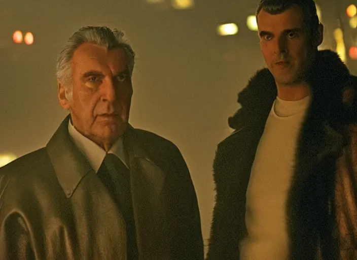 Image similar to film still milos zeman wearing leather coat as a detective in blade runner, 8 k