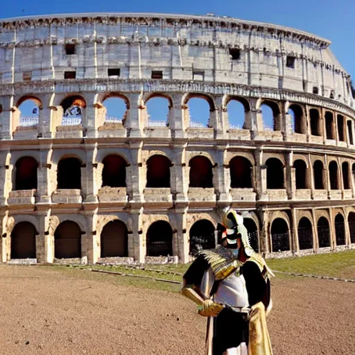 Image similar to tom cruise dressed as a pharaoh in the middle of the roman colosseum