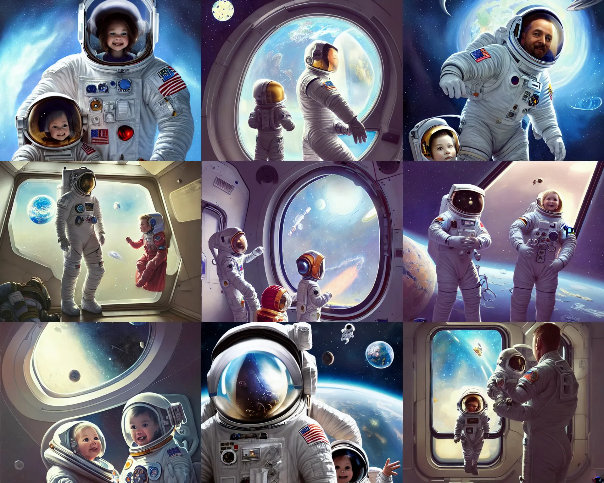 Prompt: a fully suited father astronaut with his fully suited toddler daughter, astronaut helmets, space station, earth on the window, deep focus, fantasy, intricate, elegant, highly detailed, digital painting, artstation, concept art, matte, sharp focus, illustration, hearthstone, art by artgerm and greg rutkowski and alphonse mucha