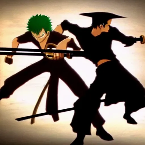 Image similar to real-life zoro vs. mihawk from one piece, a still of a fight film