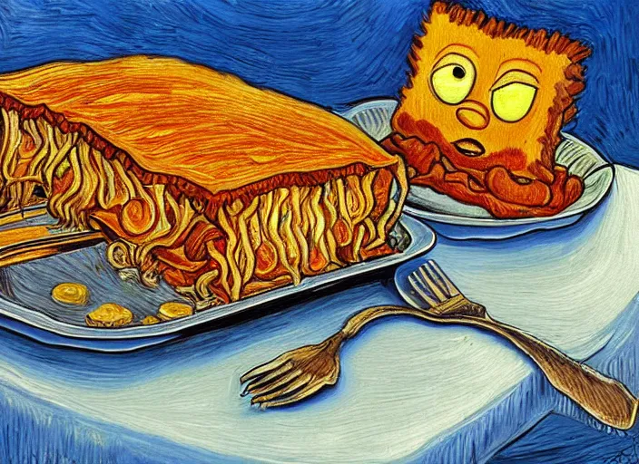 Image similar to detailed realistic realism painting of garfield eating lasagna at dusk, in the style of vincent van gogh and salvador dali and leonardo da vinci