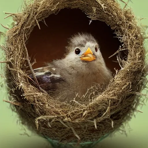 Image similar to long shot of a very fluffy sparrow chick nesting in a floral cup, esao andrews, by m. w. kaluta, by artgerm, humorous illustration, hyperrealistic, tilt shift, warm colors, night scenery, low light, 3 d octane render, 4 k, volumetric lights, smooth, cosy atmosphere, conceptart, hyperdetailed, trending on deviantart