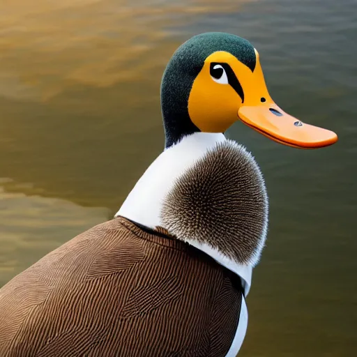 Image similar to a high detail photo of an antropomorphic duck wearing a suit, subject= duck, subject detail: wearing a suit, photorealism