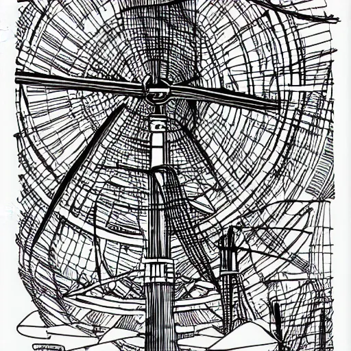Prompt: Simplistic coloring book of a wind turbine blueprint, black ball pen on white paper, by Josan Gonzalez and Geof Darrow