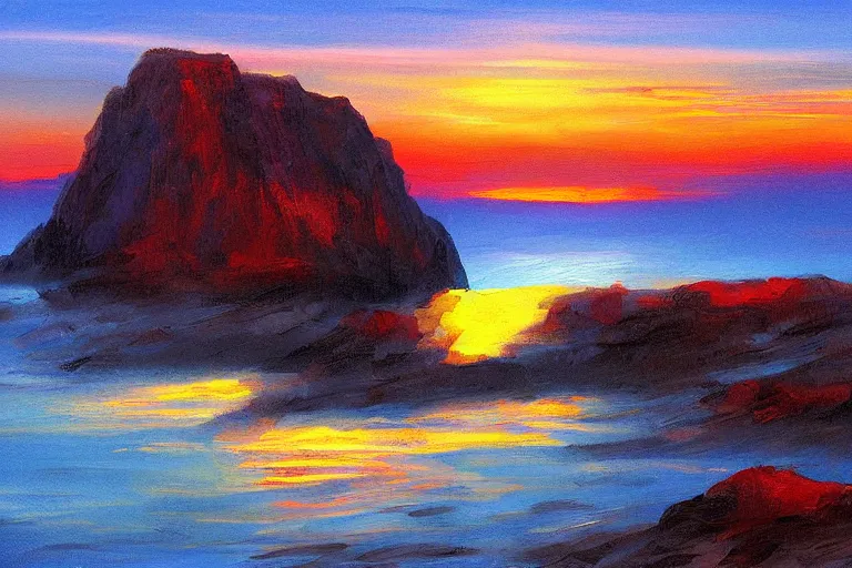 Image similar to a blue sunset with red tall cliffs, scenic view, artstation, painting