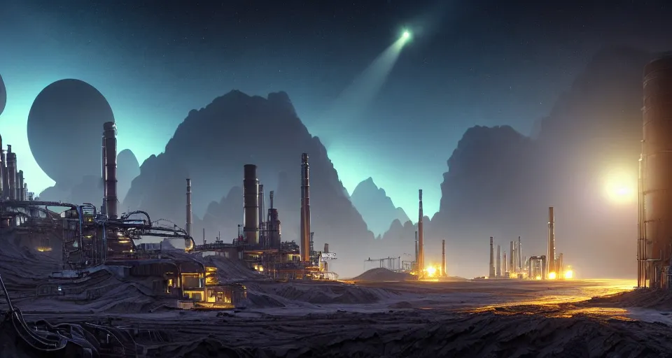 Prompt: a highly detailed digital matte painting of a high-tech mining colony and with extraction pumps and silos and erupting smokestacks on the surface of an asteroid in space, pits with green gasses rising, two moons in the sky, by Raphael Lacoste and Stephan Martiniere and Peter Mohrbacher and Robert McCall, volumetric lighting, hyperdetailed, octane render, 8k H- 640