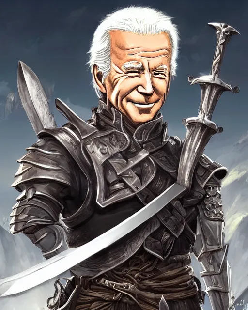 Prompt: A full-body anime portrait of Joe Biden with crazy hair holding a huge sword from Skyrim, by Stanley Artgerm Lau, WLOP, Rossdraws, James Jean, Andrei Riabovitchevy, Marc Simonetti, and Sakimichan, trending on artstation