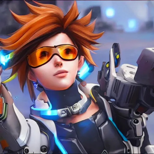 Image similar to portrait of tracer from overwatch, unreal engine 5, trending on art station