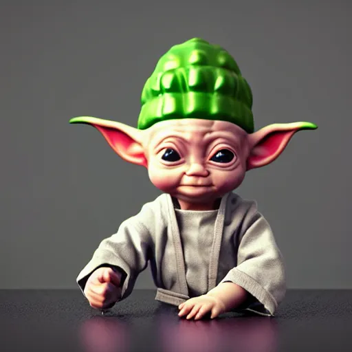 Image similar to curious innocent tiny baby yoda as chef wearing white chefs hat and white apron and giving thumbs up, vegetables, photography, hyperrealism, unreal engine, octane 3 d render, houdini, unity 3 d, highres, adobe premier pro, trending on artstation, trending on deviantart