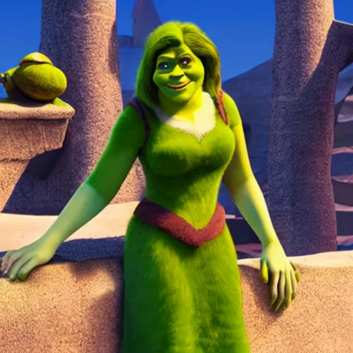 Image similar to Emma Stone as a female Shrek, Shrek features, fully detailed, high quality , 4k , octane render , soft lightening , masterpiece