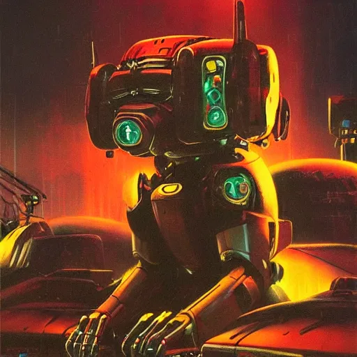 Prompt: a dark and colorful close - up of a sci - fi mecha dog robot with led lights glowing fog in the background. highly detailed science fiction painting by norman rockwell, frank frazetta, and syd mead. rich colors, high contrast, gloomy atmosphere, dark background. trending on artstation