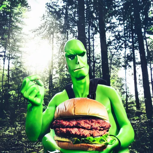 Prompt: green alien making burgers for fellas in the forest, sunny day