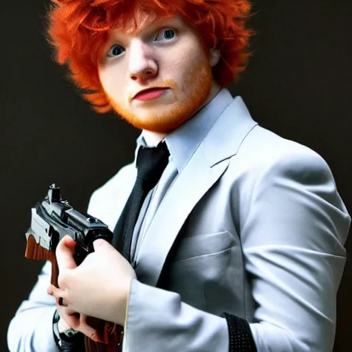 Image similar to ed sheeran as spike spiegel from cowboy bebop, holding a gun like james bond, cinematic, 4 k, realistic, wide angle lens. 8 k, hyperdetailed, precise, low - lighting