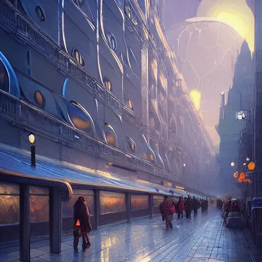 Image similar to People on the streets on the Moon city Noviy Norilsk, Russian panel houses sleeping quarters, sci-fi, fantasy, intricate, very very beautiful, elegant, digital painting, trending on Behance, concept art, smooth, sharp focus, illustration, art by artgerm and greg rutkowski and Evgeny Zubkov and alphonse mucha