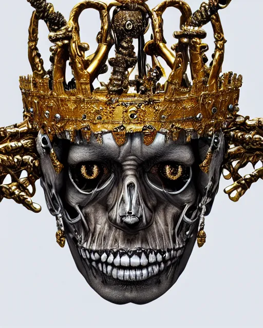 Image similar to realistic portrait of a king of bones, dark, gold, silver ornaments, facing camera, photo realistic, detailed, 1 4 5 0, delicate, hyper realism, ultra realistic, 8 k