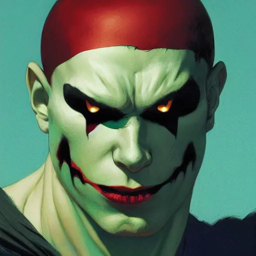 Image similar to 4k headshot of Spawn from Macfarlane comics , killing with green fire by Craig Mullins, ilya kuvshinov, krenz cushart, epic , artgerm trending on artstation by Edward Hopper and Dan Mumford and WLOP and Rutkovsky, beksinski carl spitzweg moebius and tuomas kocar, intricate artwork by caravaggio, Unreal Engine 5, Lumen, Nanite , 4K headshot of godlike clown with defined arms and open hands and bloody clothes with giant mandala wings , intricate face , flawless anime cel animation by Kentaro Miura, psychedelic , highly detailed upper body , professionally post-processed , beautiful, scary, symmetry accurate features, epic, octane rendered, anime masterpiece, accurate